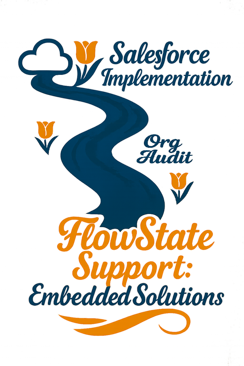 Image showing Flow State services including: Salesforce Implementation, Org Audits, Flow State Support (Retainer Plan)